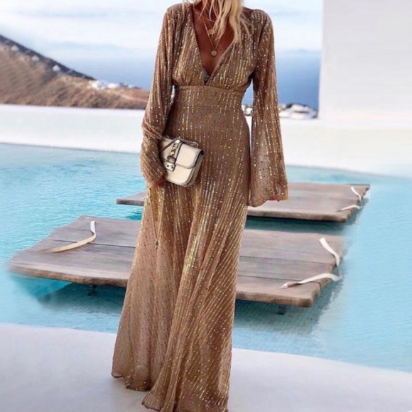 Women Beading Long Prom Dress Deep V Neck Gold Sequin Evening Dress Sexy Party Maxi Dress